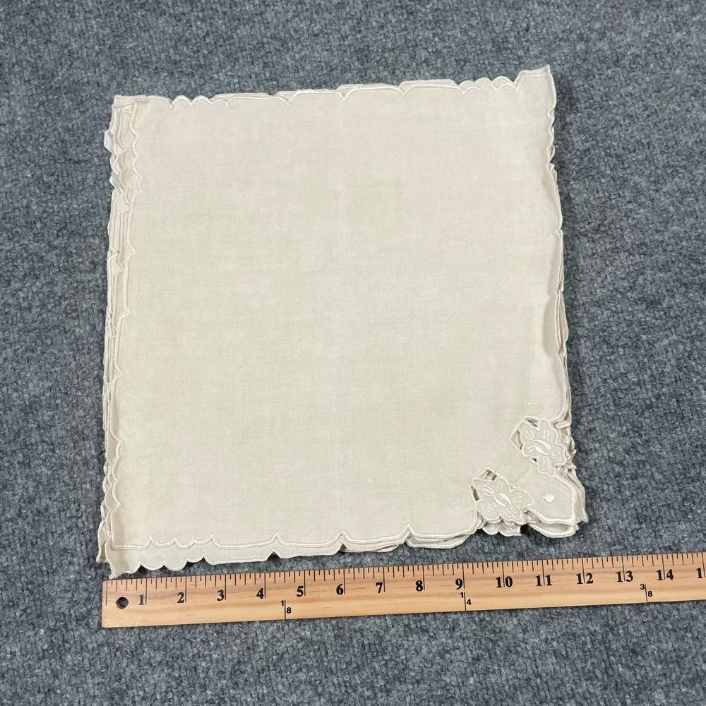 Vintage Linen Cocktail Napkins Set of 7 Beige Floral Cutwork Scalloped Edge
